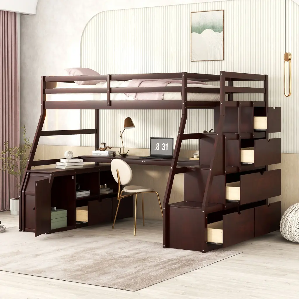 Twin Size Loft Bed 7 Drawers, 2 Shelves, and Desk - Espresso Finish lucky furniture