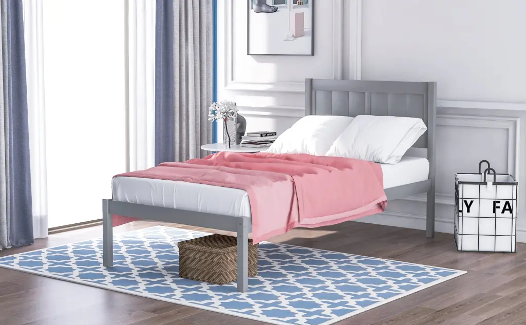 Wood Platform Bed Twin Size Gray Solid Wood Headboard lucky furniture