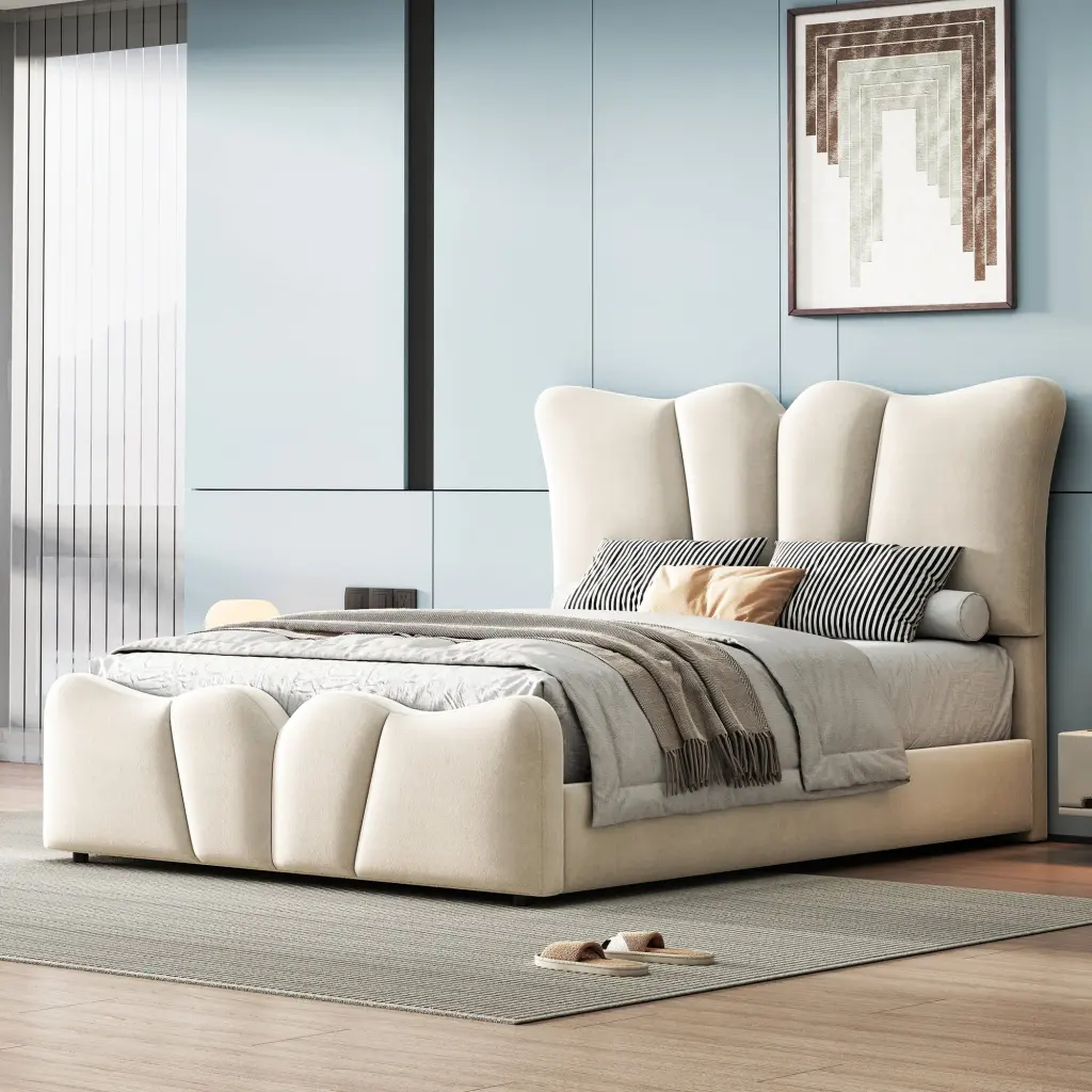 Twin Size Upholstered Platform Bed Beige Velvet Sturdy Frame lucky world