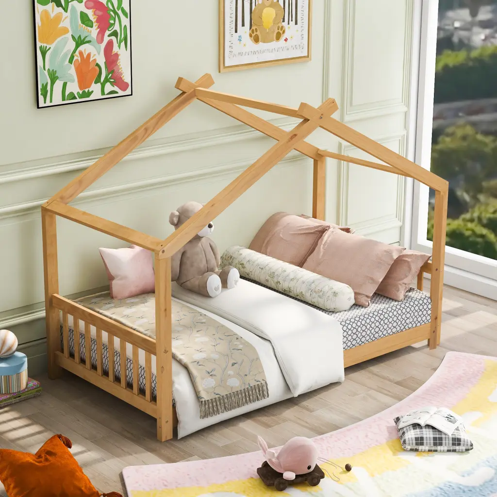Twin Size Houtilize Platform Bed Headboard and Footboard Roof Design wm store