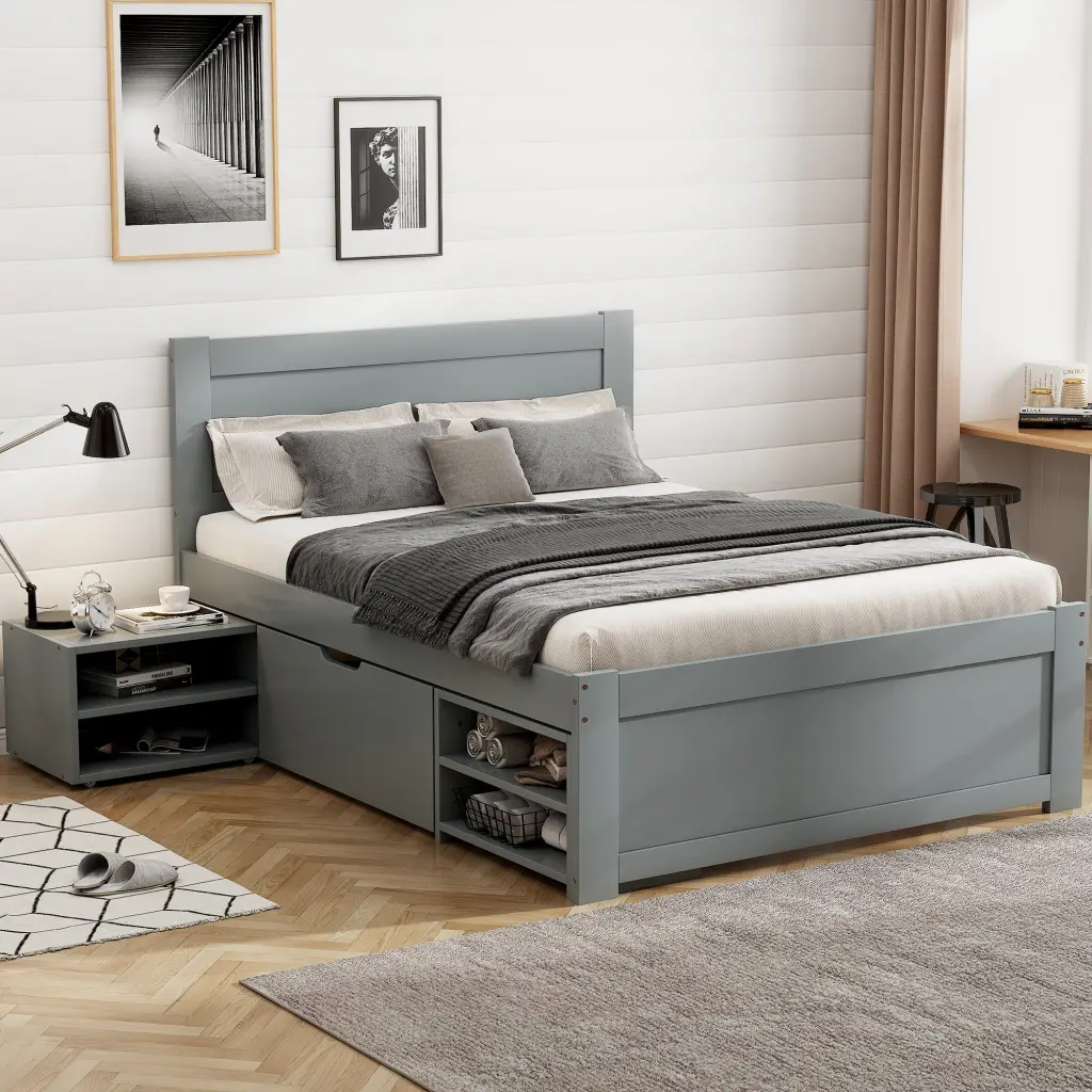 Twin Size Platform Bed Drawer and Two Shelves Gray wm store