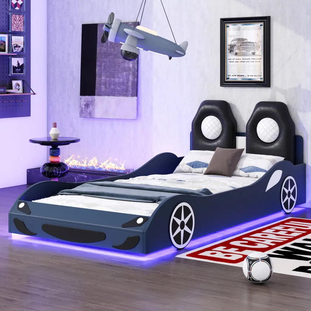 Wood Twin Size Race Car Platform Bed LED Lights and Upholstered Headboard wm store