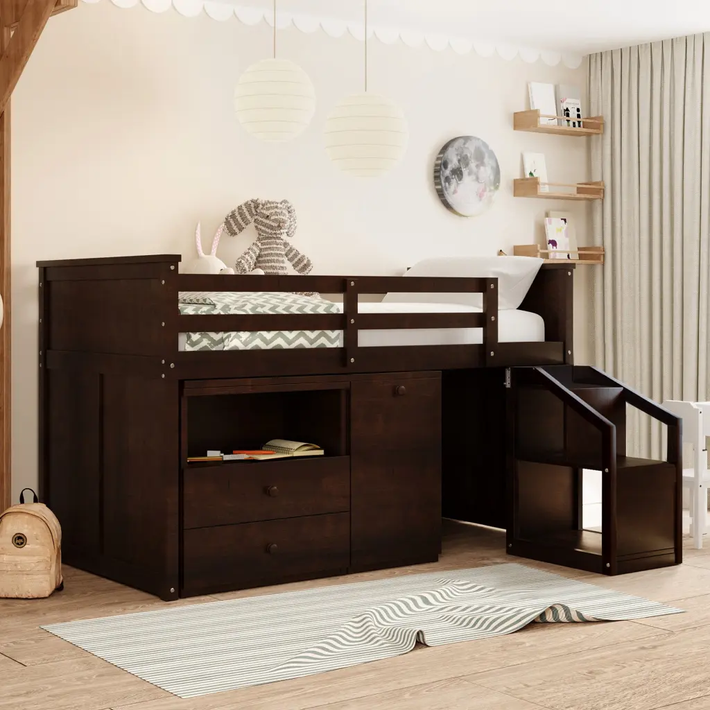Loft Bed Low Study Twin Size Loft Bed Storage Steps And Travel-friendly Design Small Spaces lucky furniture
