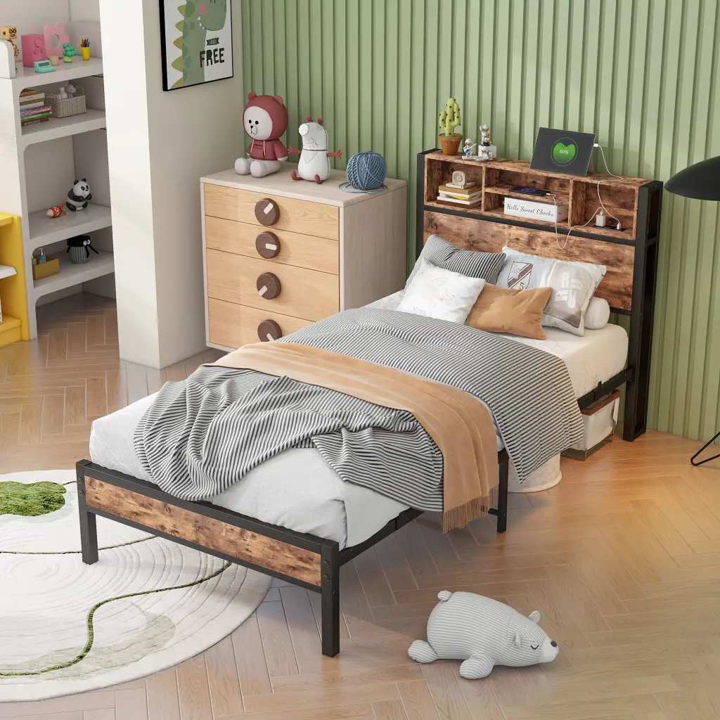 Twin Dimensions Bed Frame Storage Headboard Metal Platform Bed Chestnut Finish home furniture