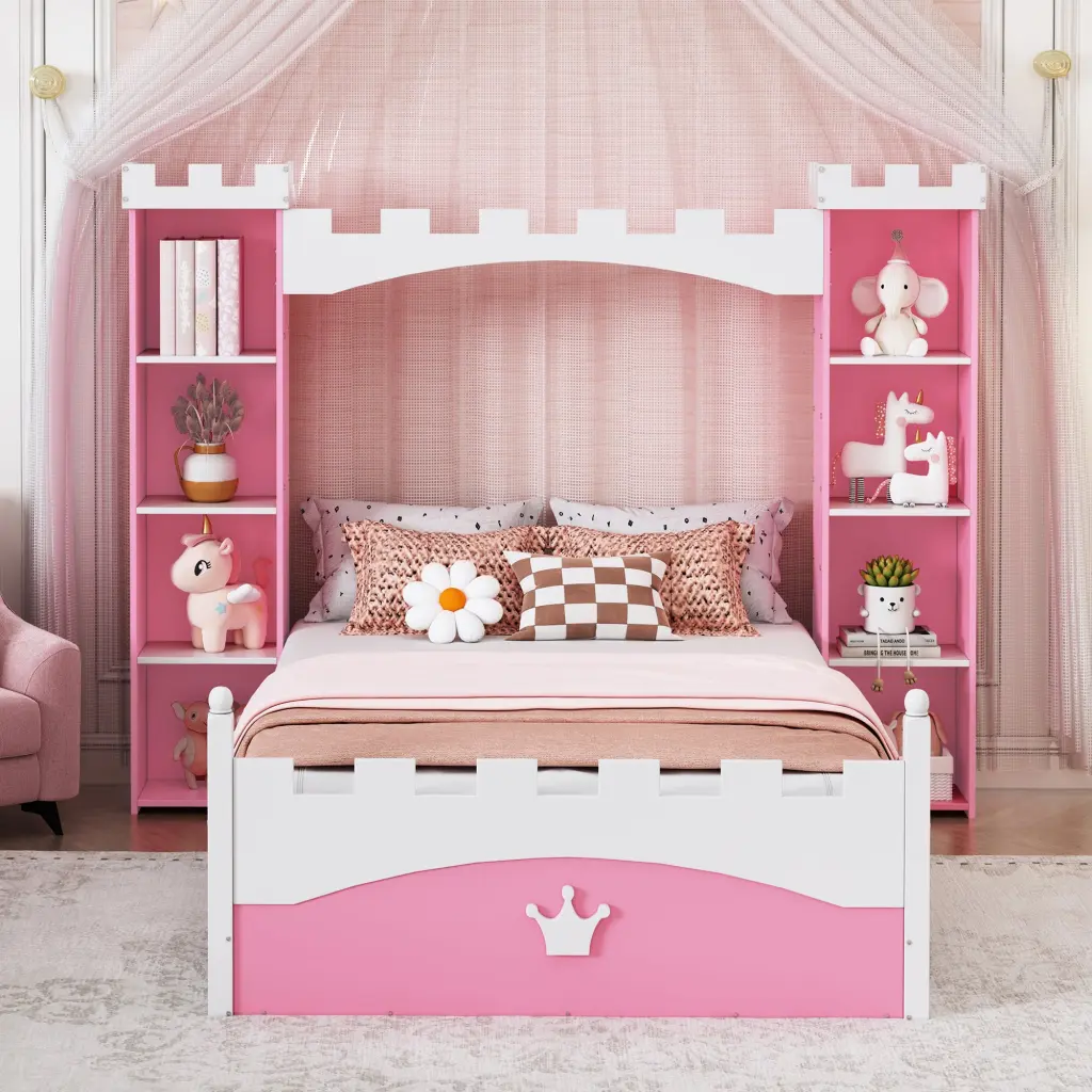 Castle Influenced Wooden Bed Storage Shelf Dreamy Twin Platform Bed homey life