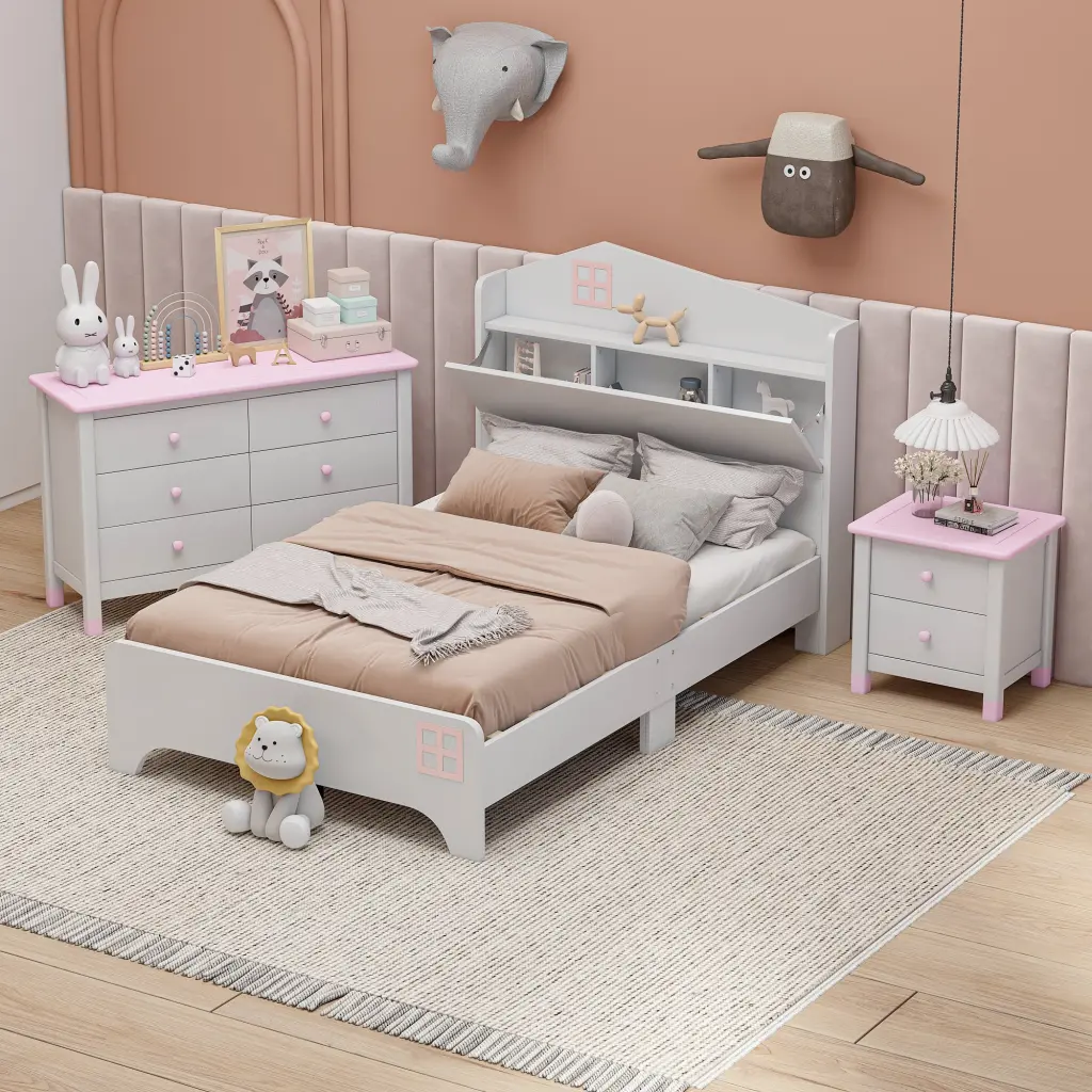 3 Piece Twin Size Bedroom Set Storage Headboard Wood Frame homey life
