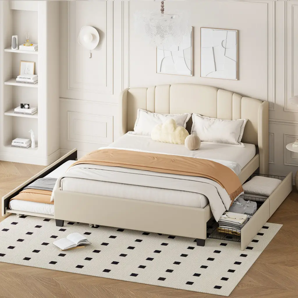 Upholstered Platform Bed Wingback Headboard and Twin Trundle homey life