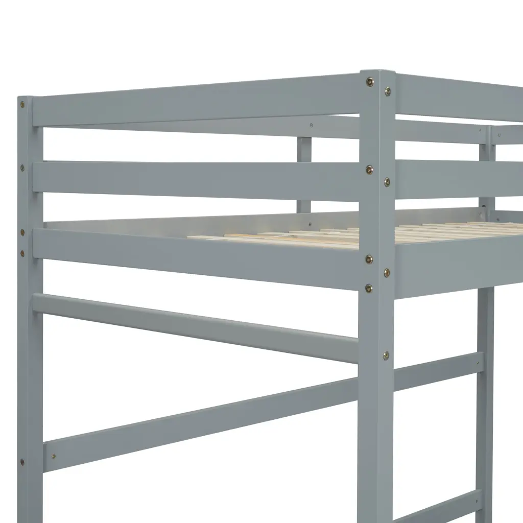 Twin Dimensions High Loft Bed Inclined Ladder, Guardrails, Grey inspirit