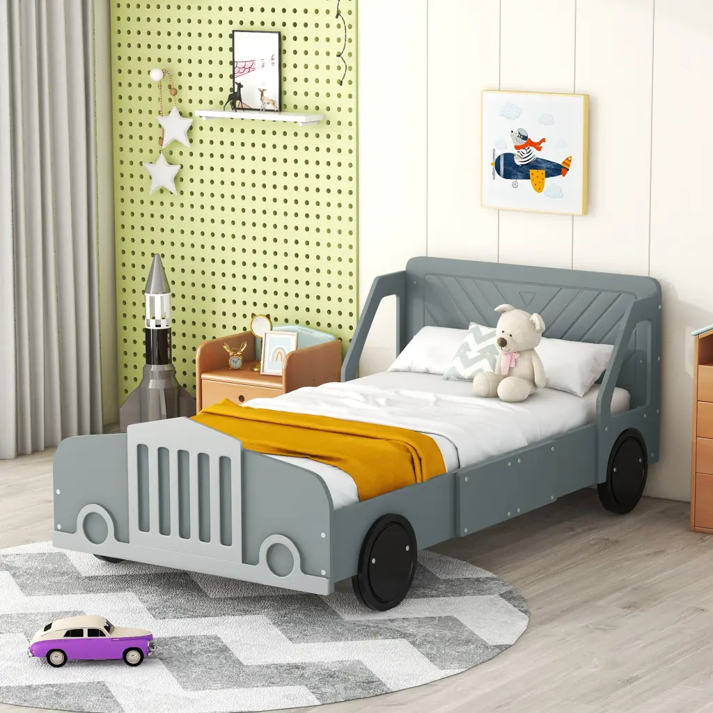 Twin Car Influenced Platform Bed Wheels Gray Plywood Design lucky furniture