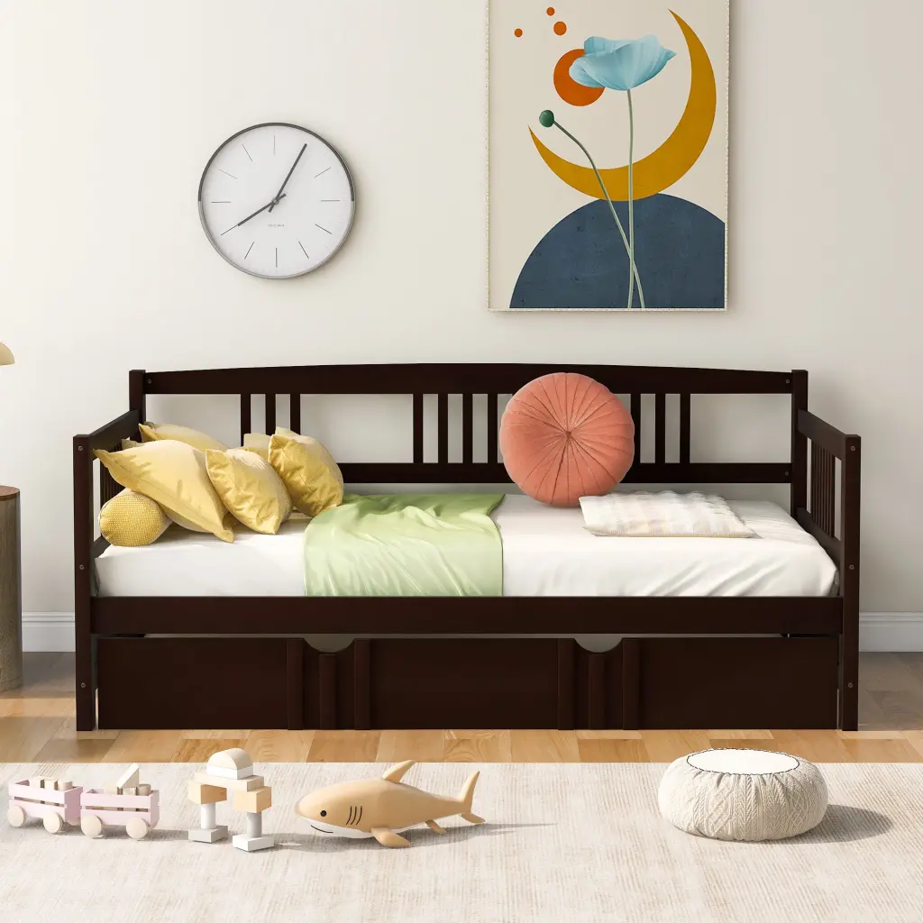 Twin Dimensions Daybed Wood Bed Trundle Espresso Finish lucky furniture