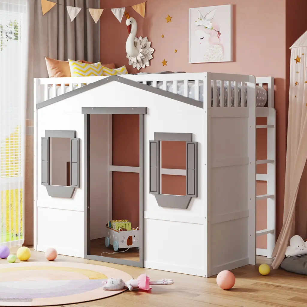 Twin Dimensions House Loft Bed Ladder White Gray Frame White Gray Solid Wood lucky furniture