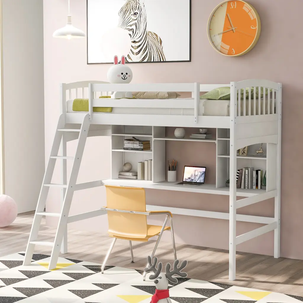 Twin Dimensions Loft Bed Storage Shelves Desk And Ladder White lucky furniture