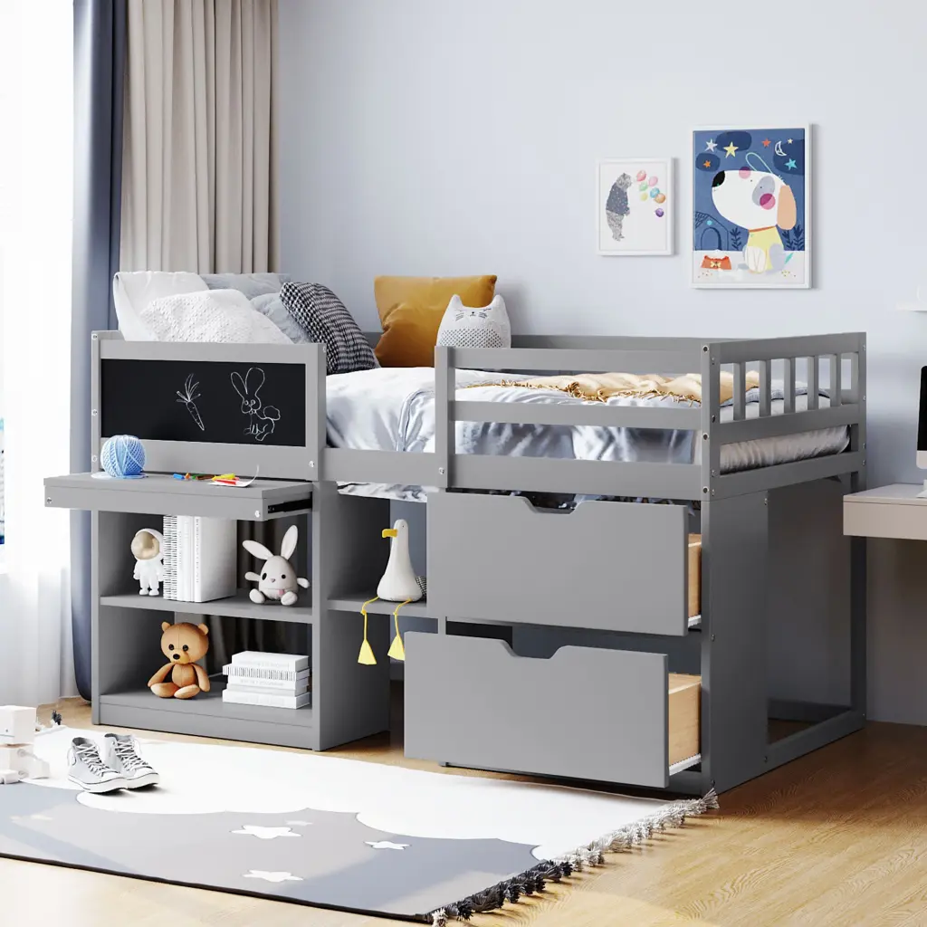 Twin Dimensions Low Loft Bed Rolling Desk Shelf And Drawers Gray lucky furniture