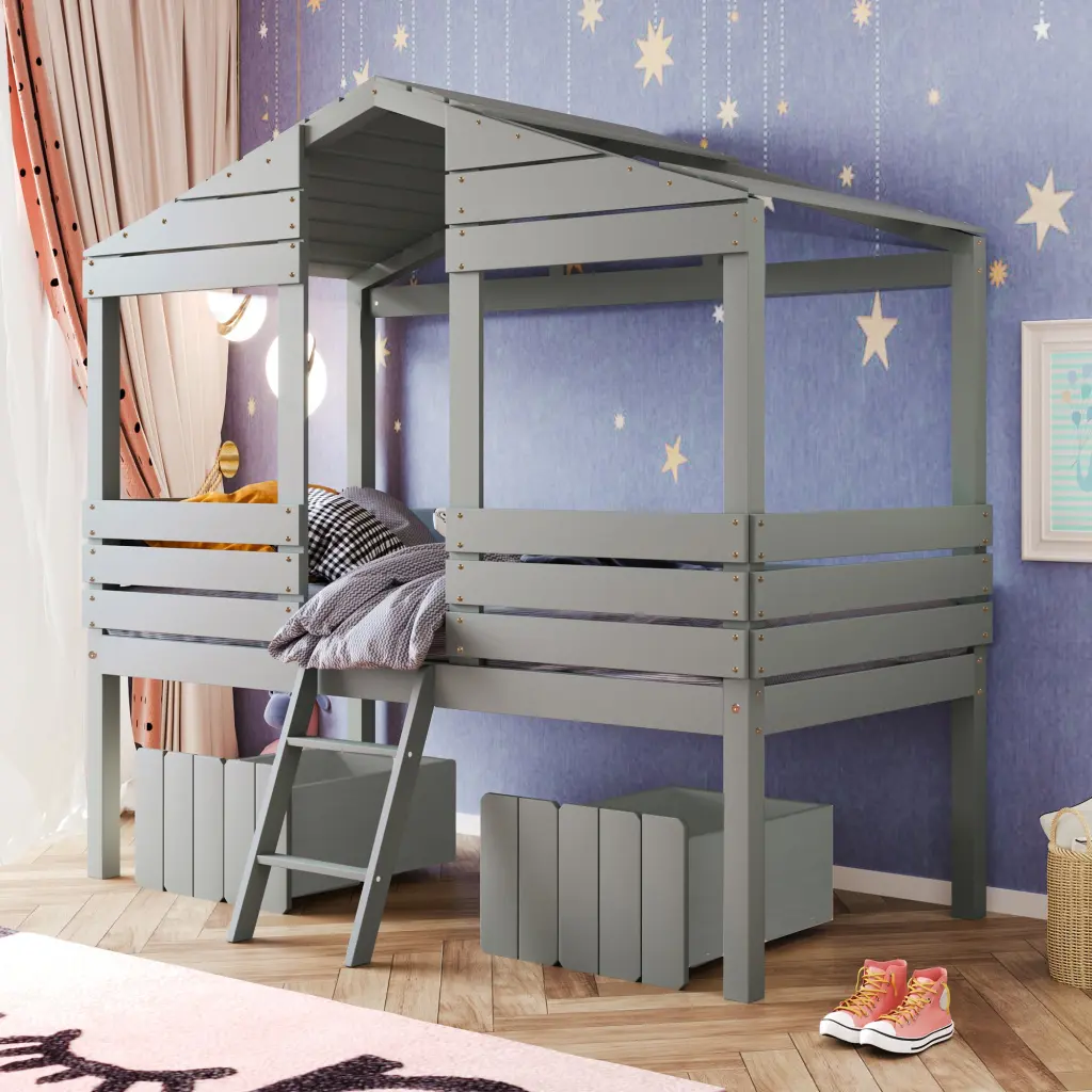 Twin Dimensions Low Loft Wood Bed Two Drawers Gray Solid Wood Kids Bedroom Furniture lucky furniture