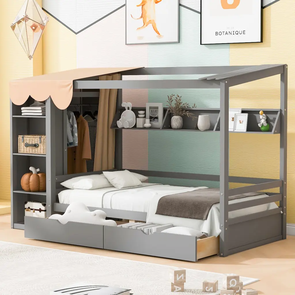 Twin Houtilize Bed Two Drawers and Wardrobe Gray Solid Wood lucky furniture