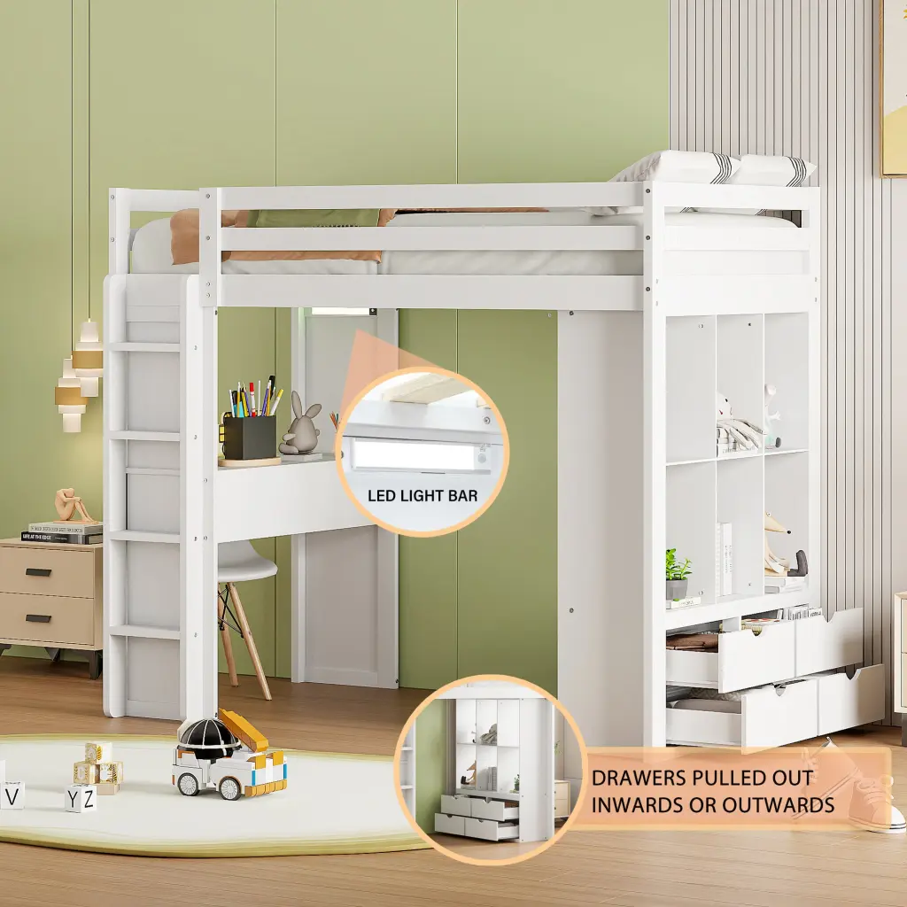 Twin Size Loft Bed Large Shelves Writing Desk and LED Light White Space Saving Furniture lucky furniture