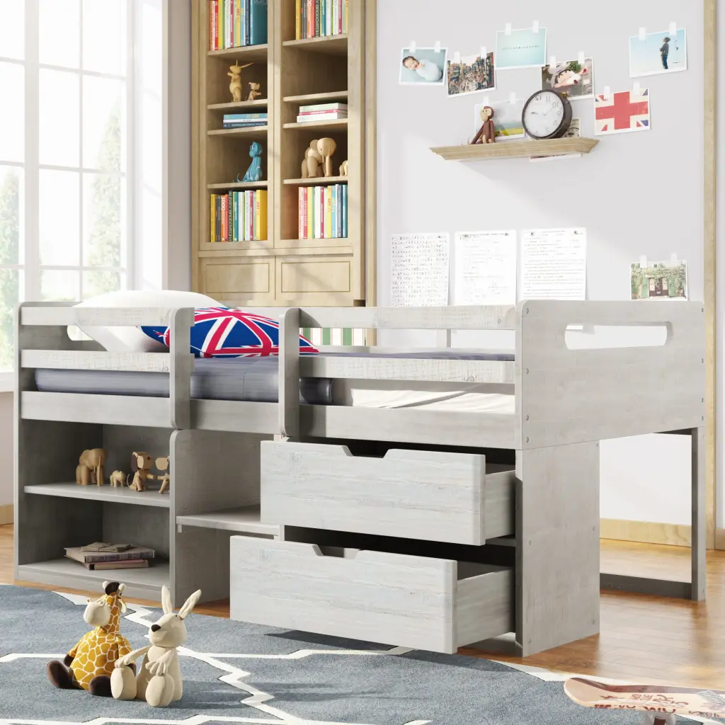 Twin Size Loft Bed Two Shelves and Two Drawers Antique White lucky furniture