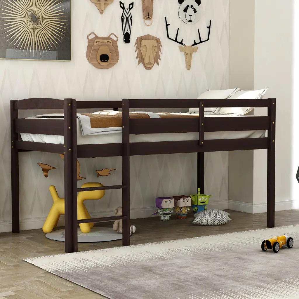 Twin Size Low Loft Bed Ladder Espresso Wooden Bunk Bed Alternative lucky furniture