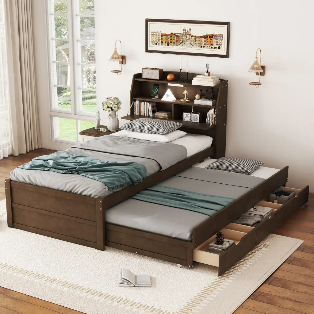 Twin Size Wooden LED Platform Bed Trundle and Storage Headboard lucky home