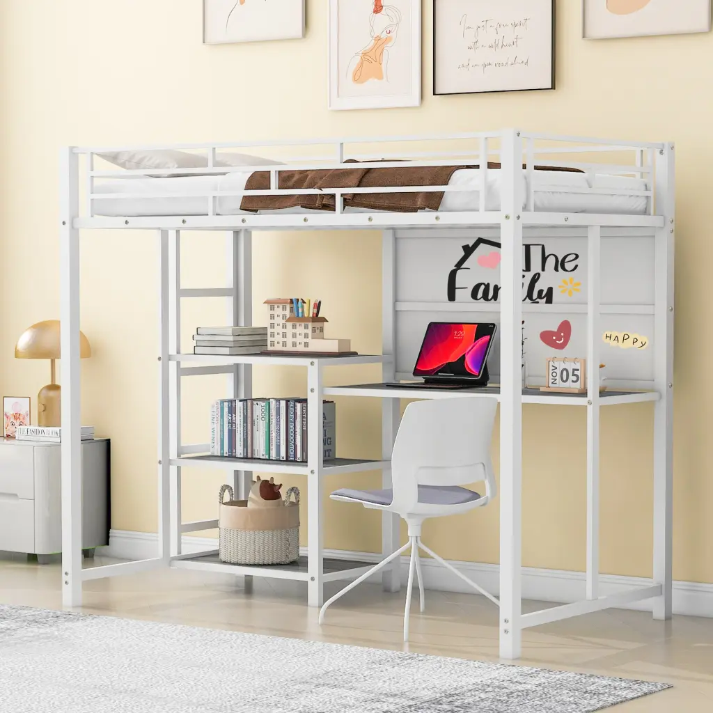Twin Dimensions Metal Loft Bed Desk And Whiteboard 3 Shelves lucky world