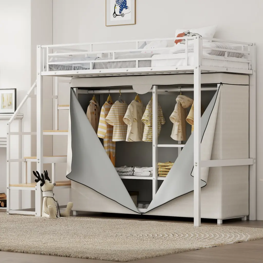 Twin Size Metal Loft Bed Wardrobe And Storage Shelves White Box Space Saving Furniture wm dreamland