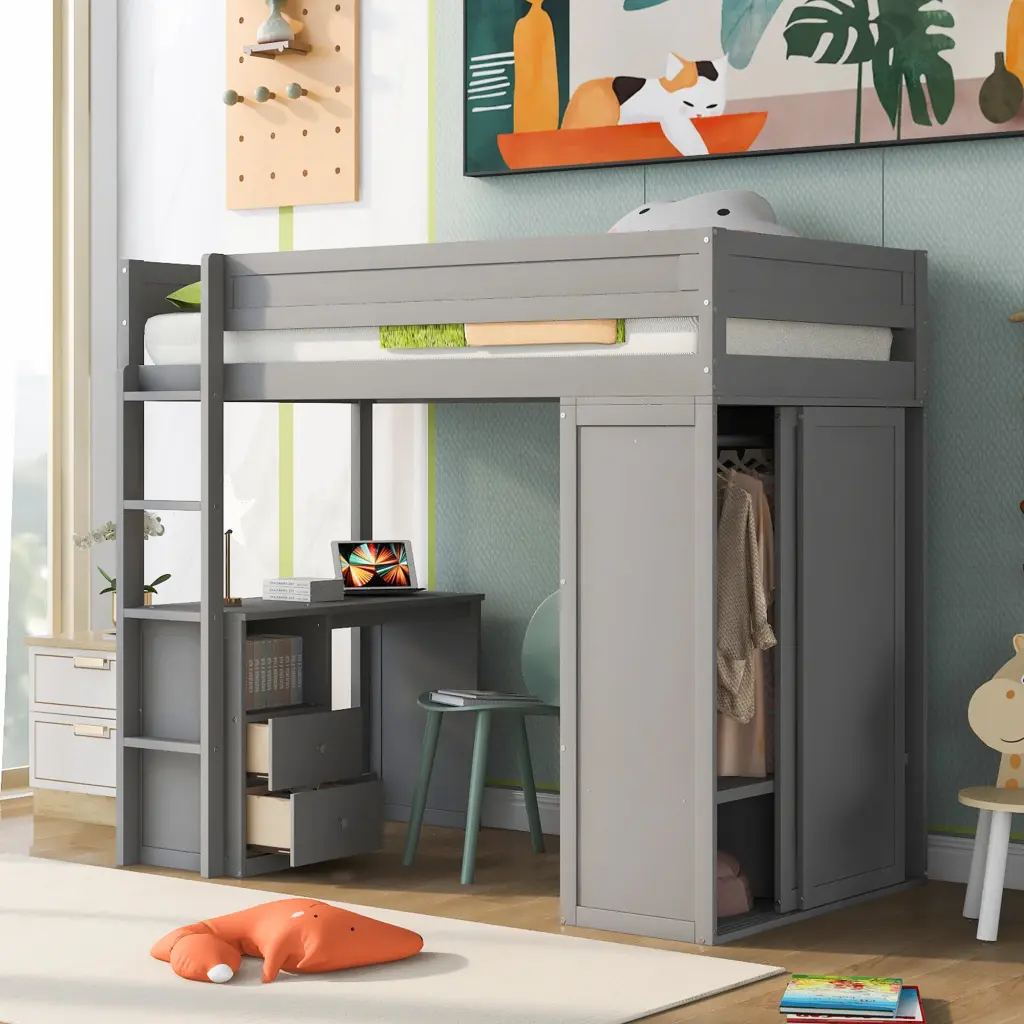 Twin Loft Bed Wardrobes 2 Drawer Desk Espresso Wood Study Bed wm store