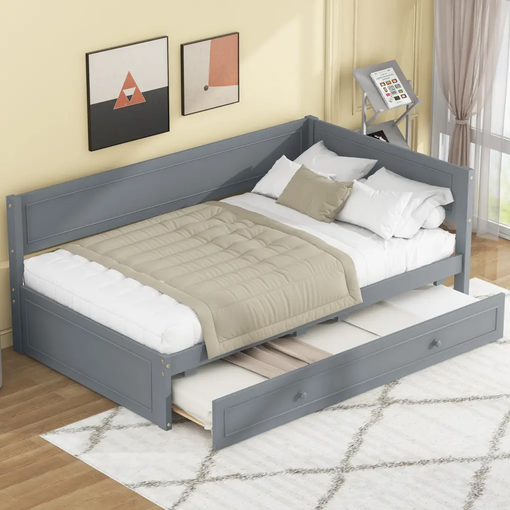 Twin Size Wood Daybed Trundle And Guardrail Gray Box Spring Not Included wm store