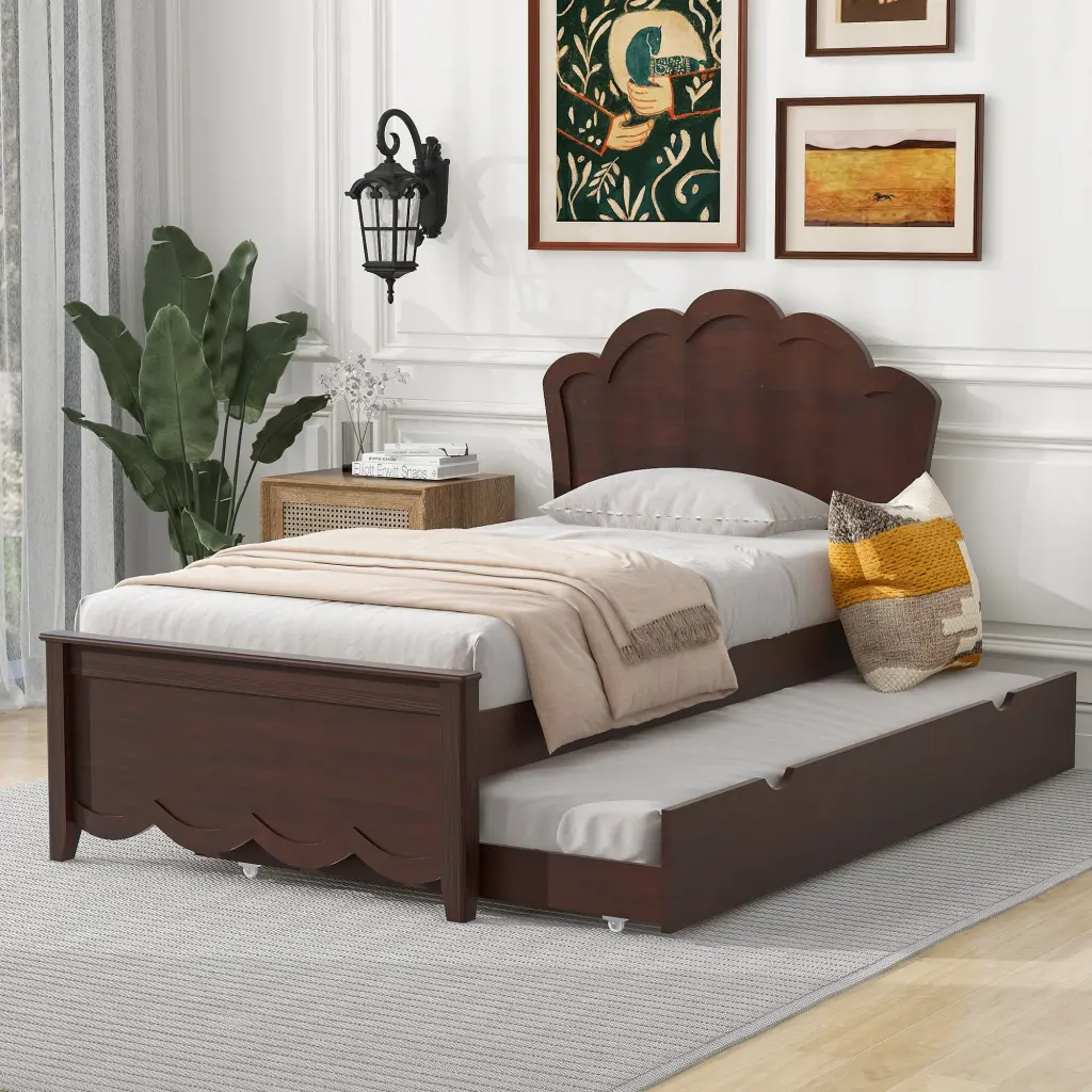 Twin Size Wood Platform Bed Headboard and Trundle Cappuccino Finish wm store