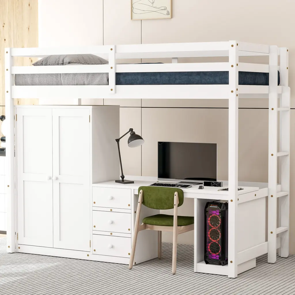 White Twin Size Loft Bed Wardrobe Desk and Storage Drawers Space Saving Furniture wm store