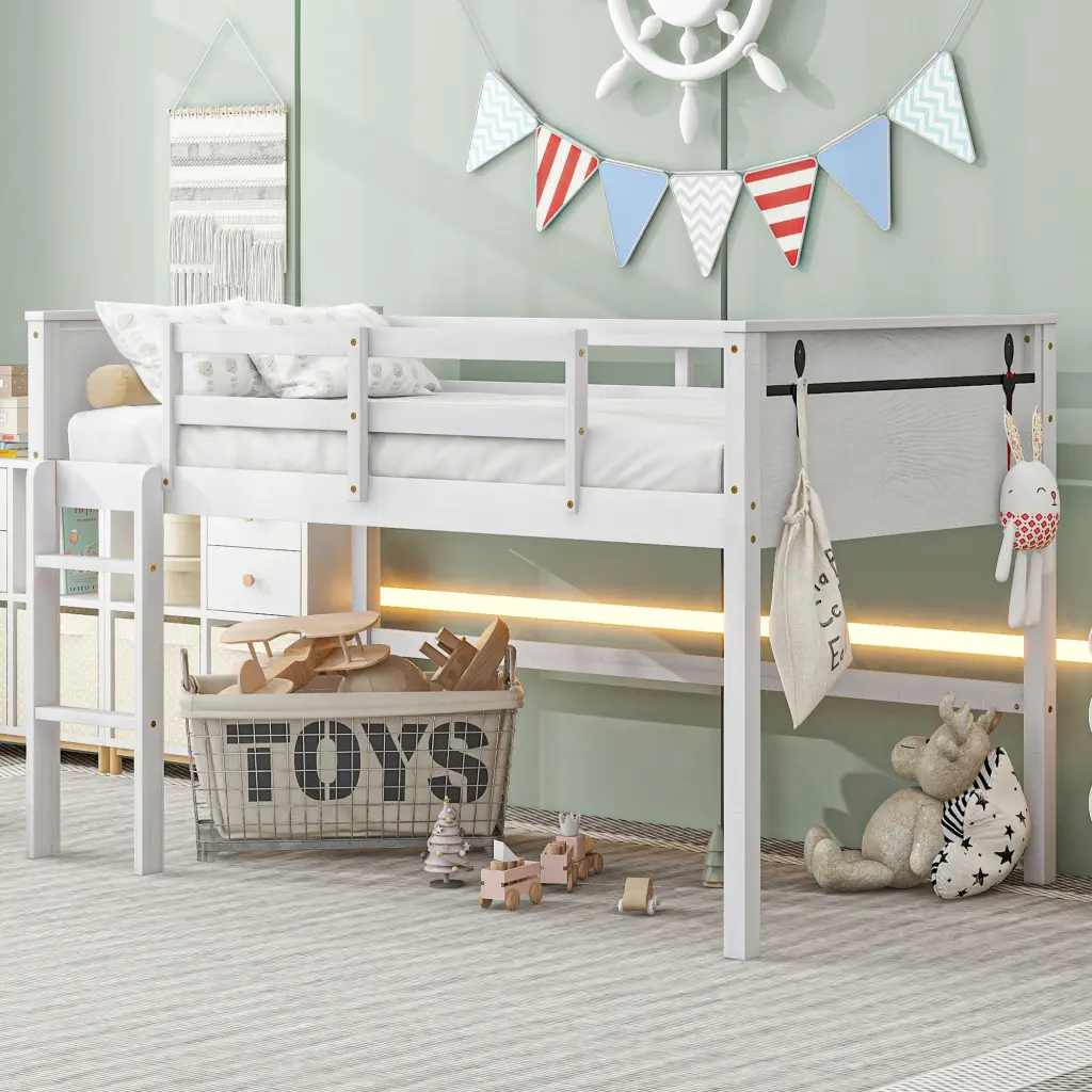 White Wood Twin Loft Bed Hanging Clothes Racks Box Spring Included wm store