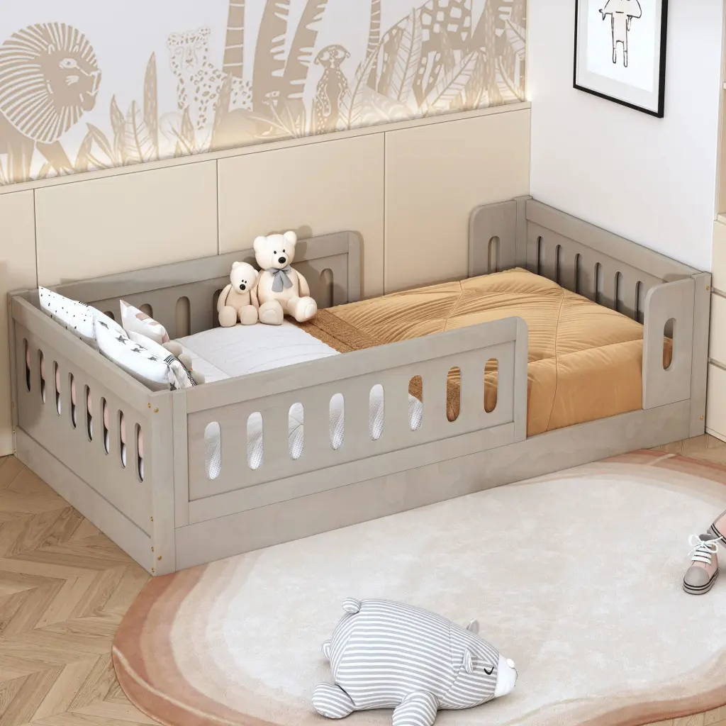 Wood Twin Size Platform Bed Guardrail Natural Finish wm store