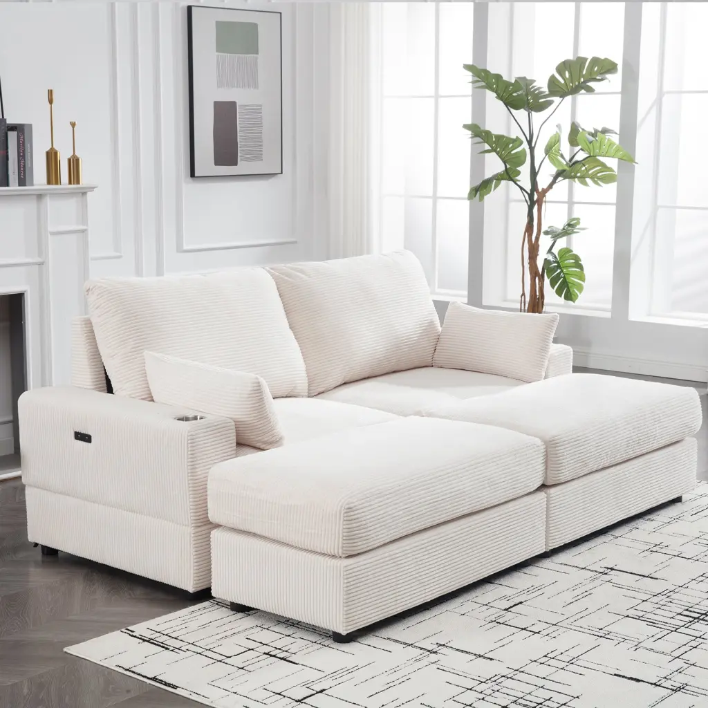Beige Modern Premium Twin Sofa Couch Living Room Standard Corduroy Fabric nan kun