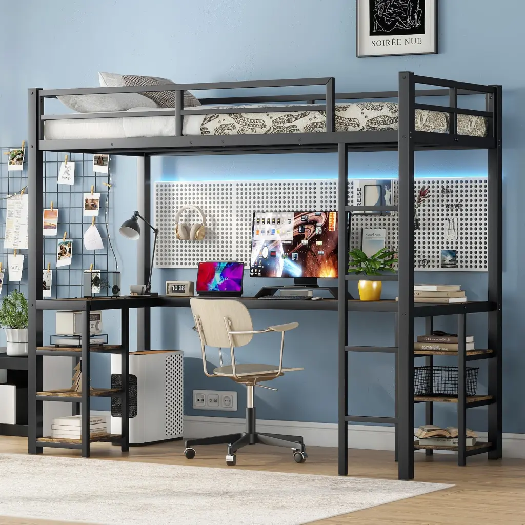 Twin XL Metal Loft Bed Desk and Shelves, Space-Saving Loft Bed Ladder Home or Dorm bonwell
