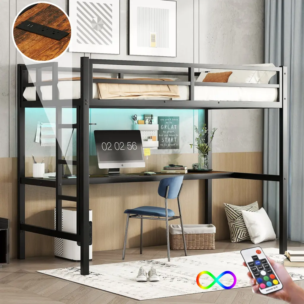 Metallic Twin XL Loft Bed Power Outlet and LED Lighting Space Saving Design magic more