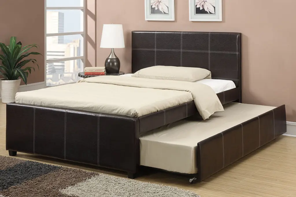 Twin Size Bed Trundle Slats Espresso Faux Leather Plywood Kids Youth kanepe