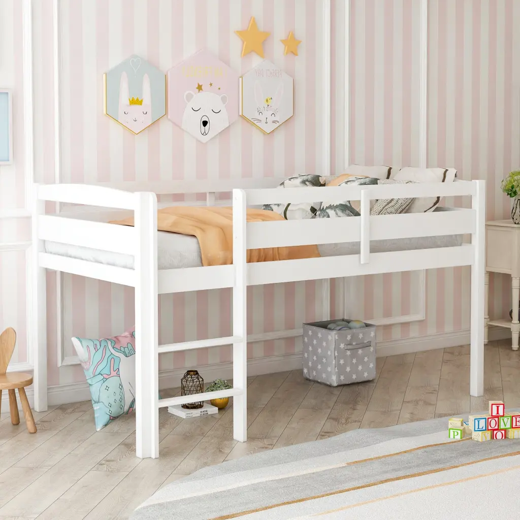 Twin Timber Loft Bed Low Loft Beds Ladder White WF192 lucky furniture