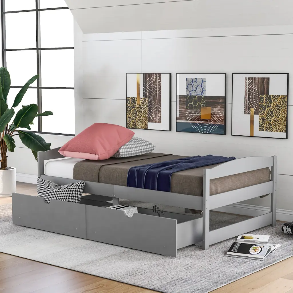 Twin Size Platform Bed Frame Two Storage Drawers Gray Pine Wood Modern Design wm store