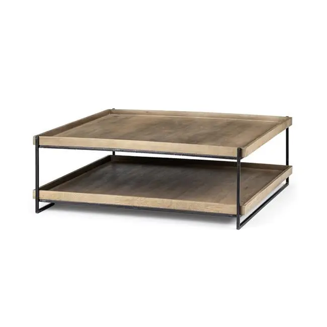 Rectangular Solid Wood Top Metal Frame Two Tier Coffee Table Black Fancy Fixtures