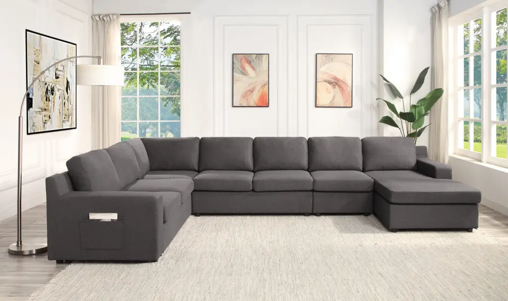 Waylon 145.5 Inch Gray Linen 7 Seater U Shaped Sectional Sofa Chaise lilola home