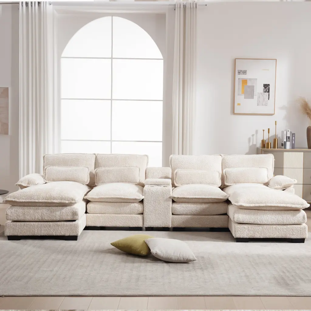 U Shape Sofa Beige Solid Timber 4 Seat Living Room Sectional nan kun