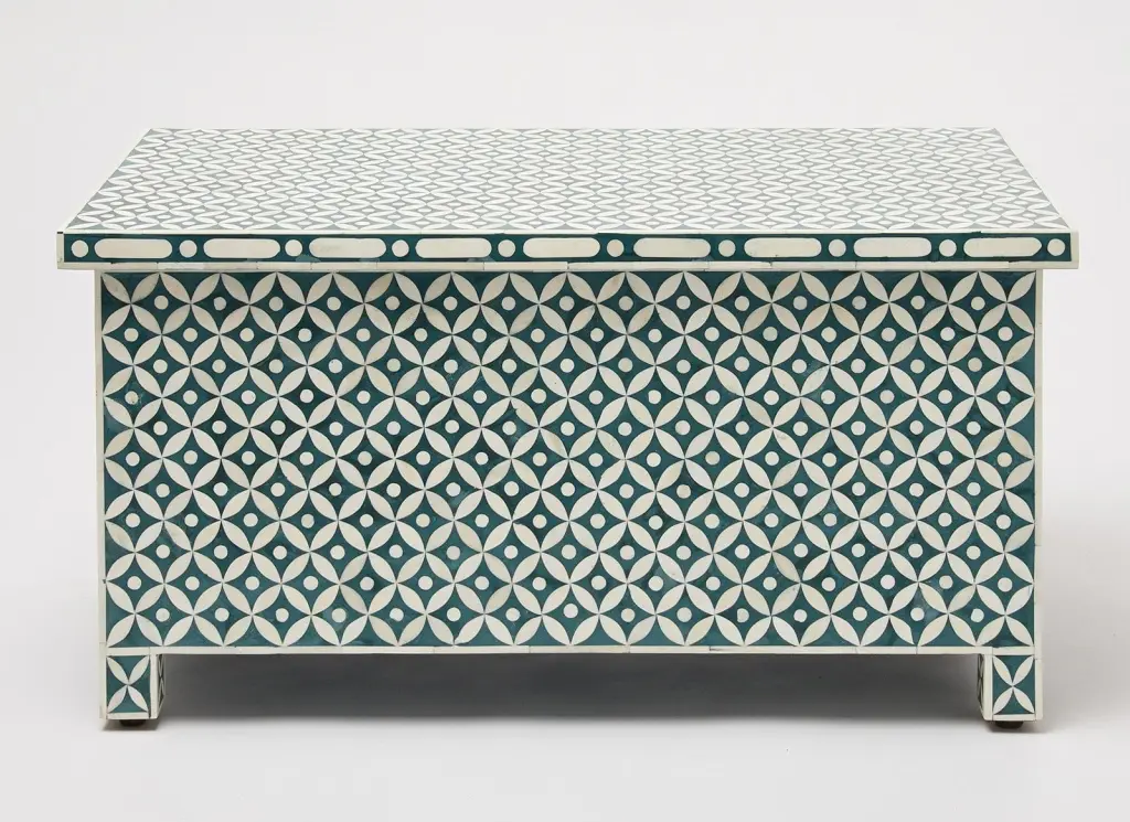 Geometric Bone Inlay Trunk Coffee Table Teal Green Unique Storage and Decor Piece Luxury Handicrafts