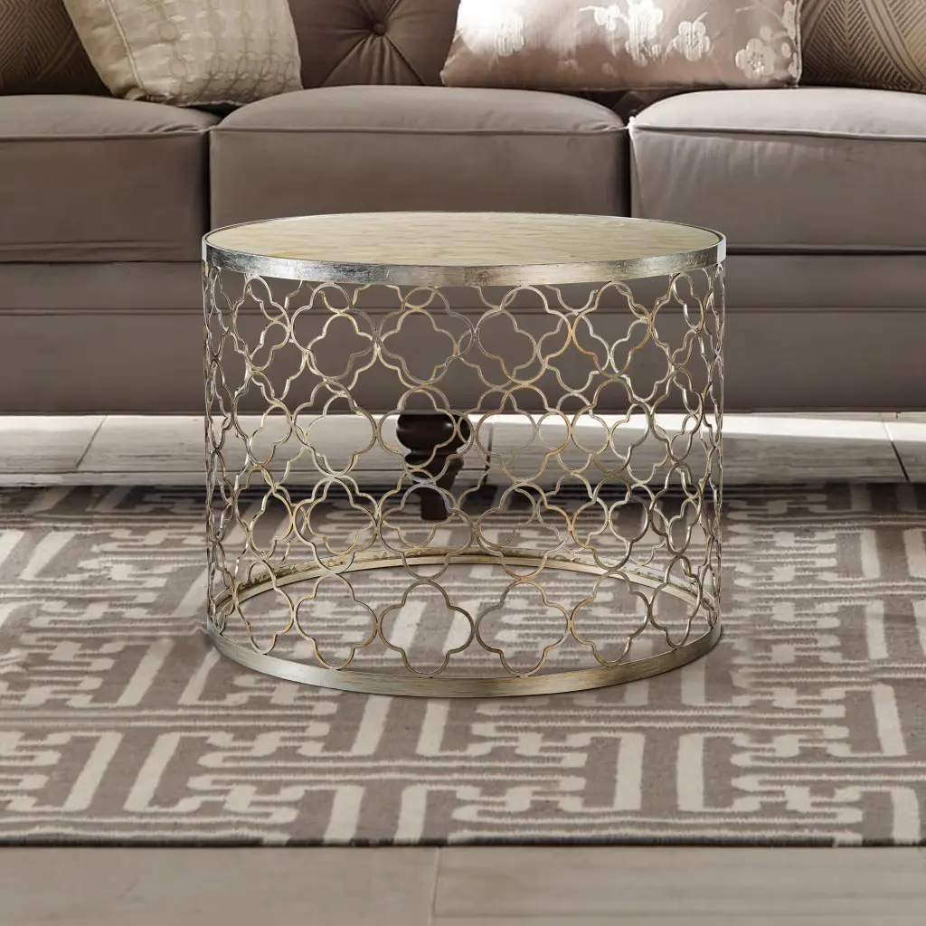 W22 Natural Capiz Seashell Tabletop French Distressed Metal Single Round Coffee Table Silver Aloadecor