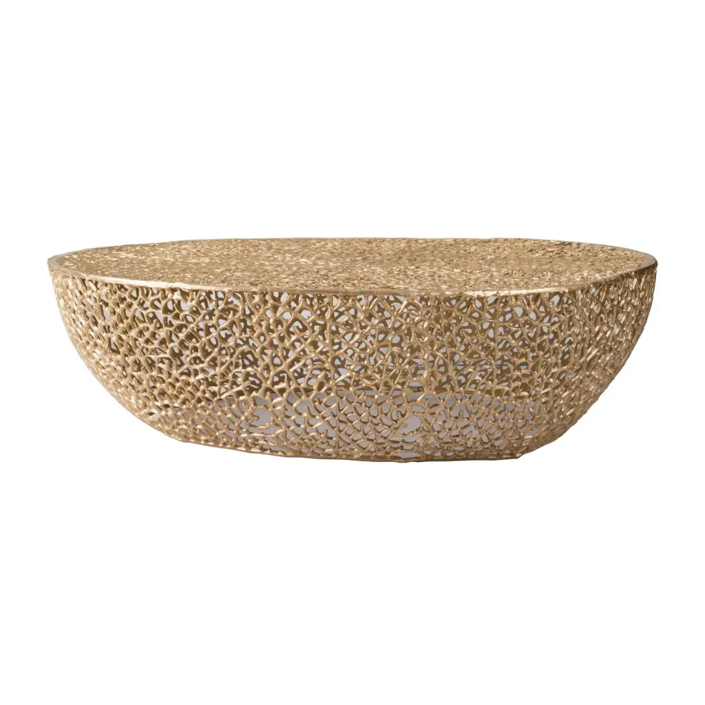 Benjara 45 Inch Coffee Table Bowl Drum Shape Netted Mesh Design Bronze Aluminum - Unique Modern Table Convenience Concepts