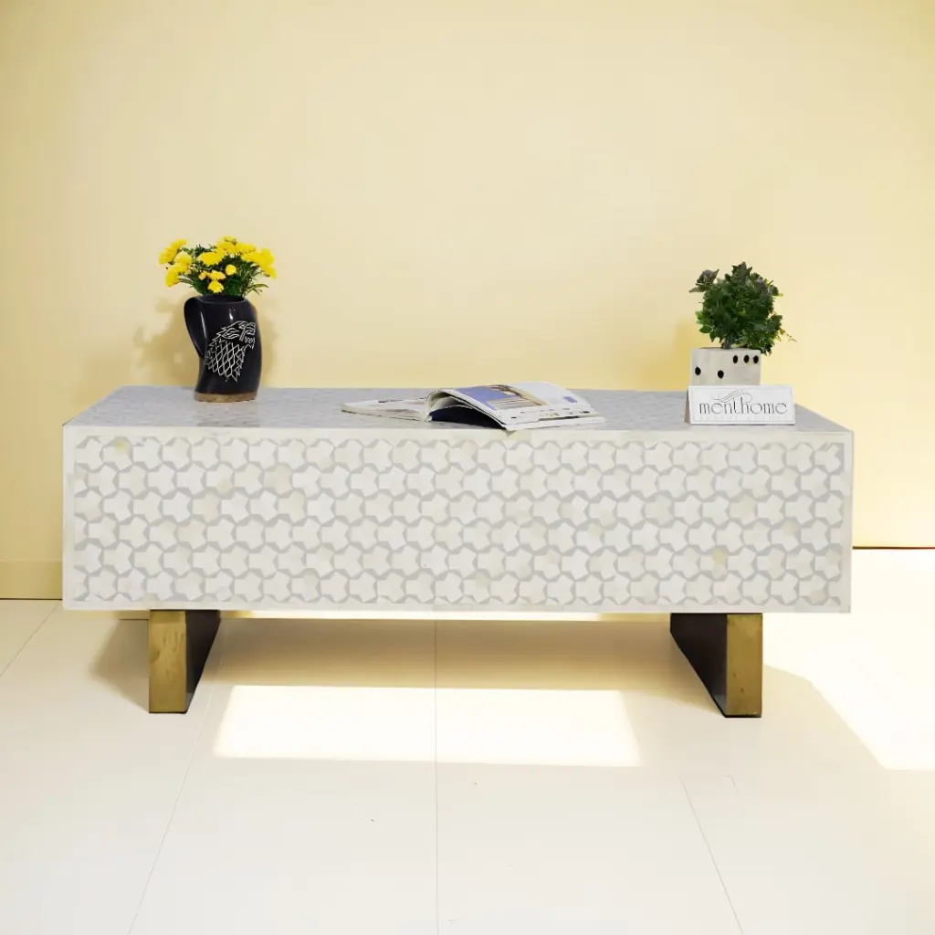 Gray Bone Inlay Coffee Table featuring Tarqua Pattern Brass Legs Menthome