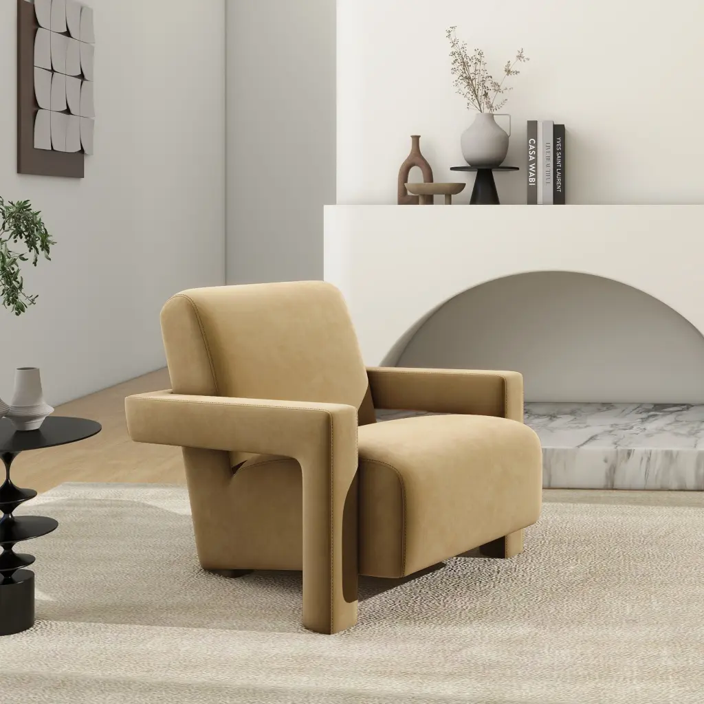 Ethan 28.5 Inch Fully Upholstered Accent Arm Chair Camel Brown Beige Performance Fabric jennifer taylor home
