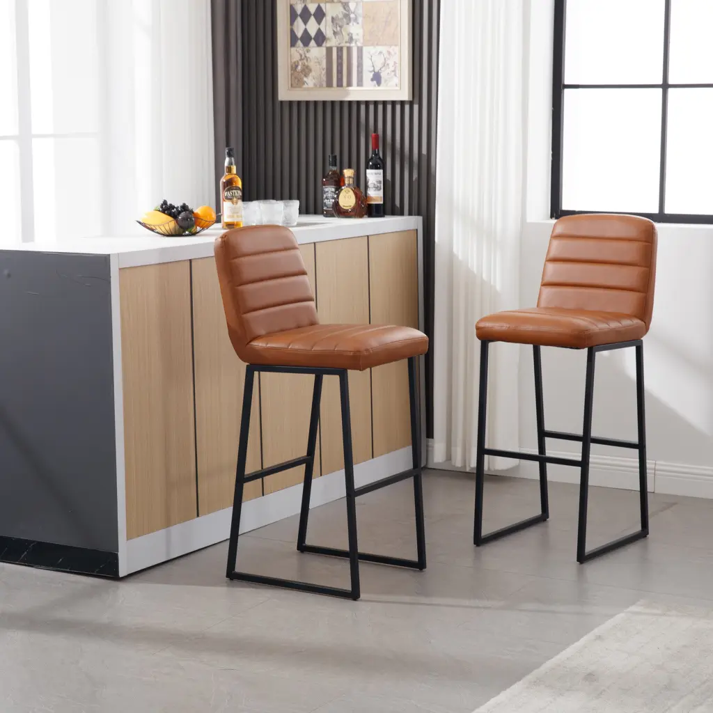 Bar Stools Set 2 Back Upholstered PU Hide Kitchen Breakfast Counter Stools lesscasa