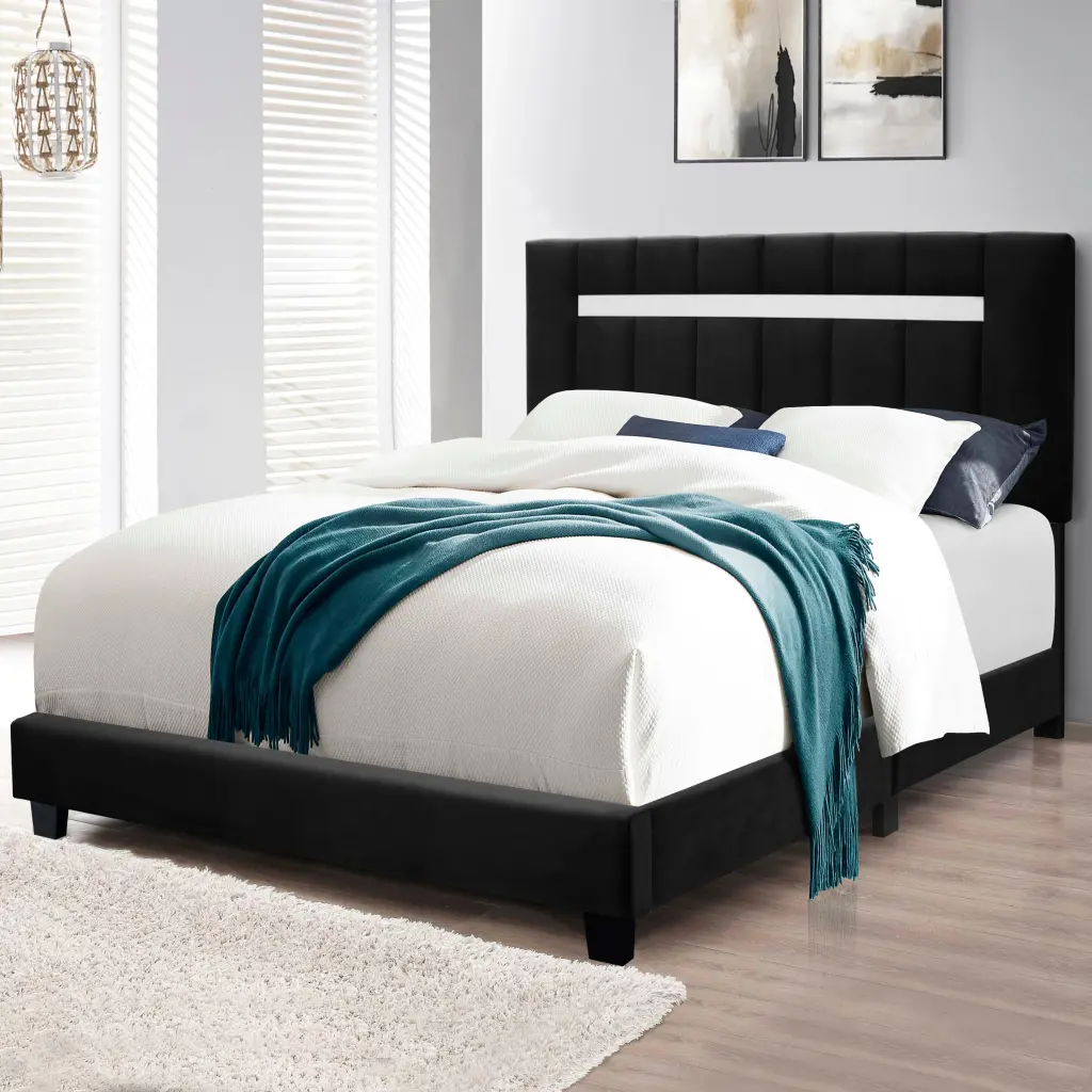 Black Queen Size Adjustable Upholstered Bed Frame Dark Velvet Headboard serene home