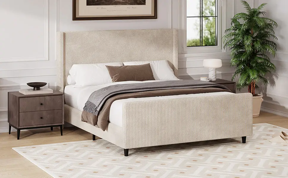 50.7 Inch High Headboard Corduroy Upholstered Bed Frame Vertical Stitching bed best