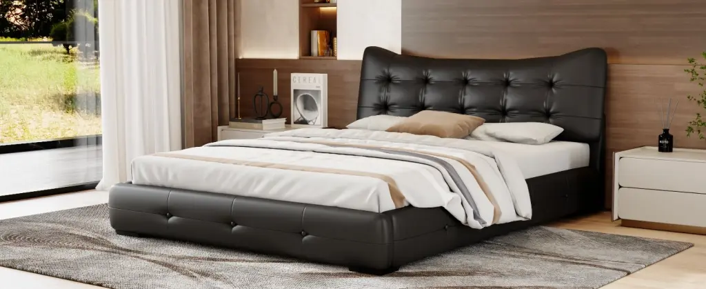 Modern PU Upholstered Queen Bed Ergonomic Wing Support Headboard bed best