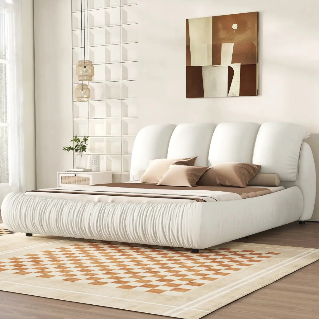 King Size Premium Upholstered Bed Thick Headboard Leather Finish bonwell